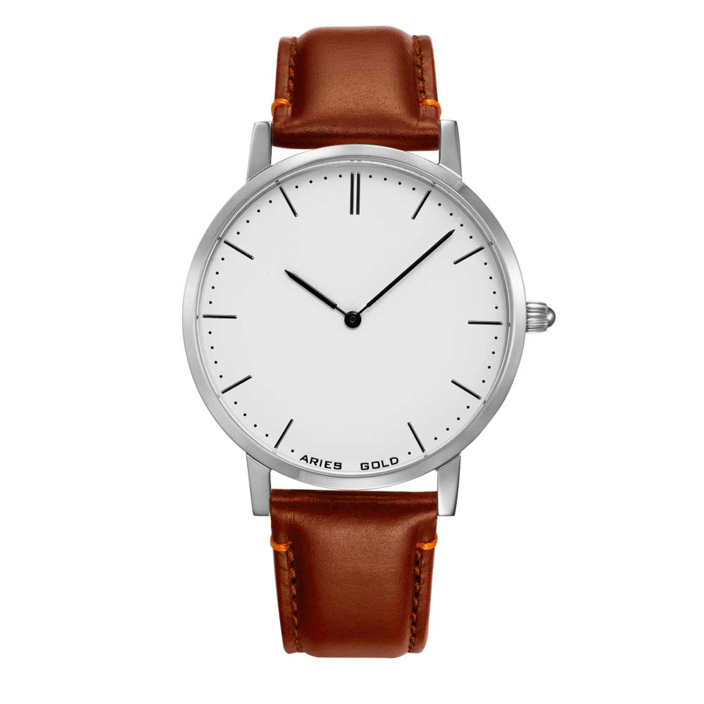 ARIES GOLD URBAN TANGO SILVER STAINLESS STEEL G 1007 S-W BROWN LEATHER STRAP MEN'S WATCH